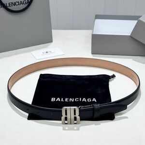 Women's Balenciaga Black Smooth Leather Reversible B Silver Buckle Slim Belt